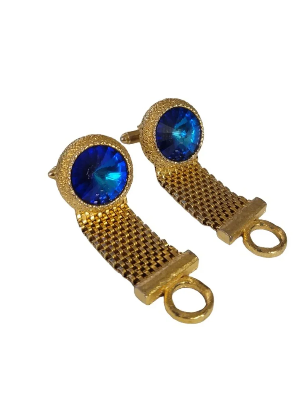 Dante Gold Tone Blue Rivoli Mesh Wrap Chain Cufflinks, Signed E109